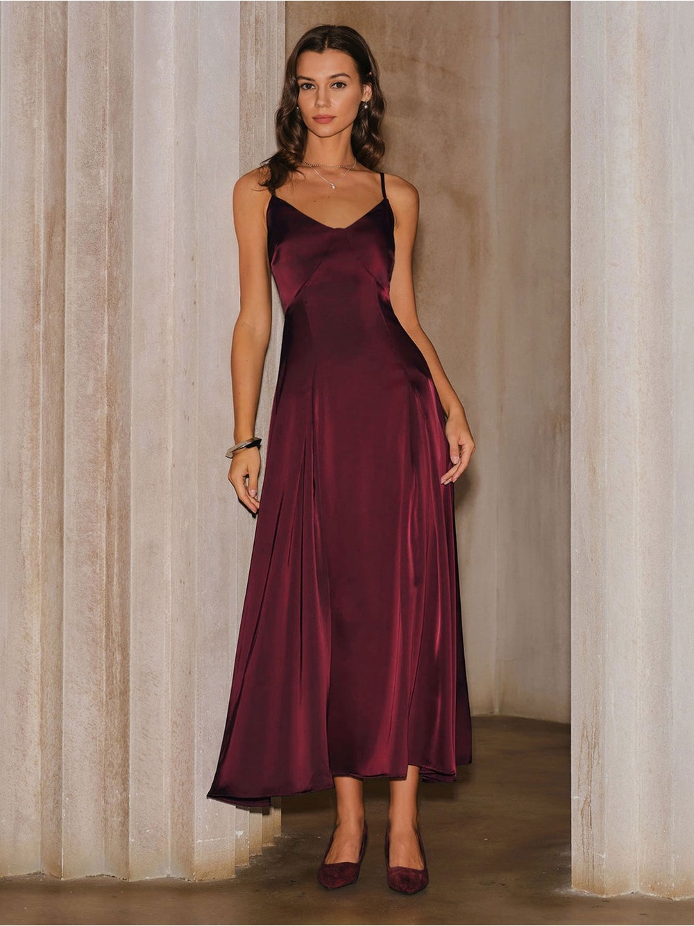 Satin Slip Midi Dress in Deep Burgundy